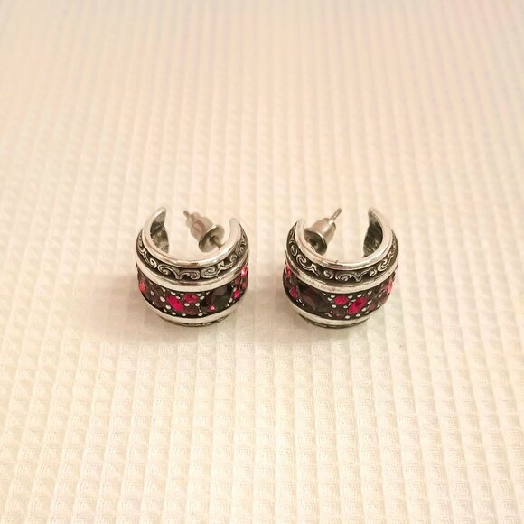 Wide Red Crystal Hoop Earrings Women's Silver Tone Scroll Post Jewelry - Picture 3 of 10